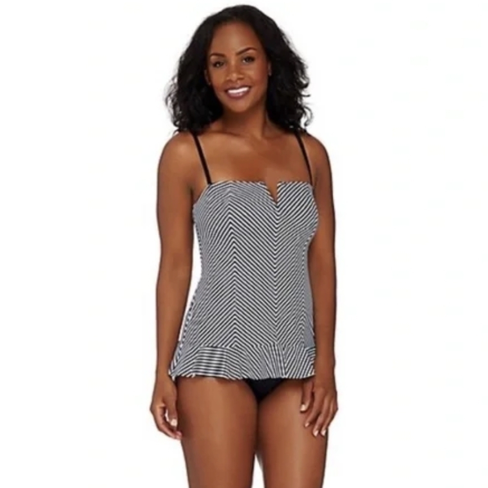 Spanx Striped Ruffle Swimsuit Dress 10 Slimming Shaping Molded Cups Black White